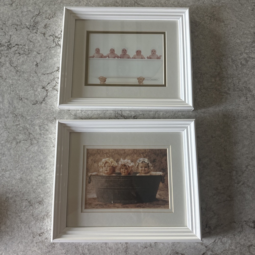 2 Vintage Anne Geddes Baby Pictures Walk Hanging Babies In Bathtub 11.5X9.5 In
